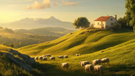 A picturesque house perched on top of a hill, surrounded by lush green fields and sheep, with a stunning mountain backdropの素材