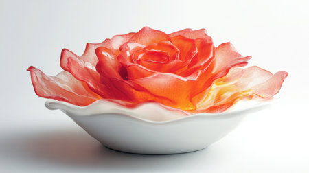 A red rose flower in flames, set against a white ceramic backdrop, evoking intense emotion and a striking visual contrast.の素材