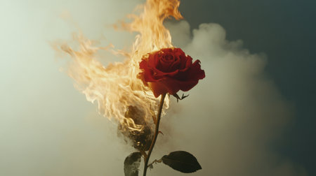 A red rose flower in flames, set against a white ceramic backdrop, evoking intense emotion and a striking visual contrast.の素材