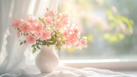 A small vase holding pink flowers, isolated on a white background with natural sunlight, offering a fresh and minimal floral arrangement.の素材