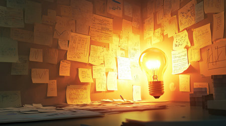 A wall filled with sticky notes, charts, and statistics, with a glowing light bulb in the foreground, capturing the atmosphere of brainstorming and analysis.の素材