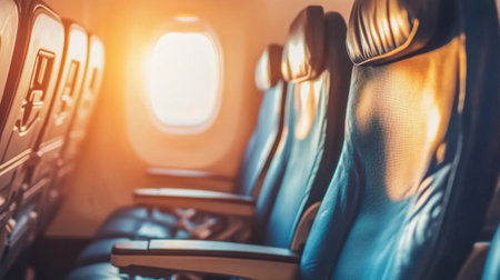 Economy class airplane seats empty, with sunlight illuminating the space from a window, creating a serene moment in air travel.の素材