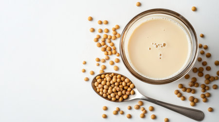 An elegant image of soy milk in a spoon, set against a pristine white background, with scattered soybeans beside it, emphasizing the purity and nutrition of the beverage.の素材
