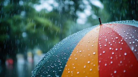 An artistic shot of rain droplets collecting on a colorful umbrella, with a soft focus on the rainy background of trees and streets, creating a serene scene.の素材