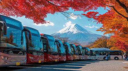 A vibrant autumn landscape featuring a row of parked tour buses, set against the backdrop of Mount Fuji, with brilliant red leaves adding a touch of warmth.の素材