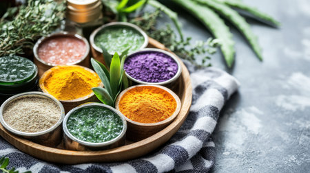 A wooden plate featuring natural skincare ingredients like colorful powders, fresh herbs, and slices of aloe, arranged on a checkered cloth for a wholesome, DIY vibeの素材