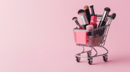 A variety of makeup products inside a mini shopping cart, standing on a soft pink background, representing beauty retail in a chic and modern style.の素材