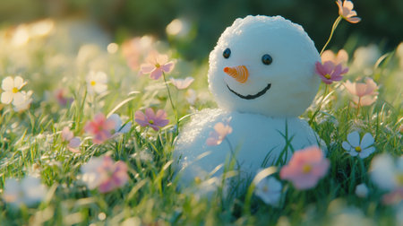 A melting snowman in a grassy meadow with spring flowers blooming around it, symbolizing the transition from winter to spring.の素材