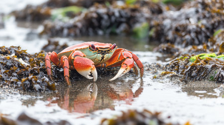 A striking red crab is captured at close range, navigating its coastal environment along the shoreline.の素材