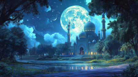 A stunning illustration of an Islamic mosque set in a tranquil nature park at night, with a large, glowing moon overhead.の素材