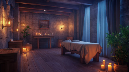 A tranquil massage room featuring warm wooden furniture and candlelight, offering a cozy retreat for relaxation and wellness therapy.の素材
