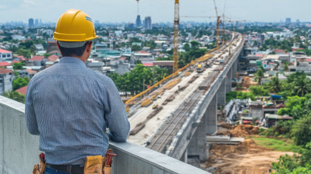 Civil engineer managing an expressway project, overseeing construction work to ensure safety and quality in infrastructure development.の素材