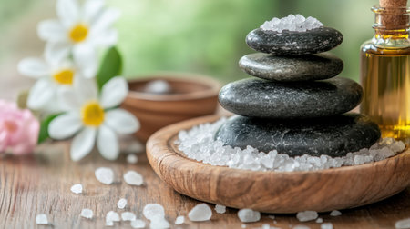 A tranquil spa setup with massage stones, essential oils, and sea salt on a wooden surface, promising a luxurious and rejuvenating wellness experience.の素材