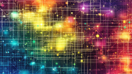 Bright, glowing lines in a complex pattern, highlighting digital technology and futuristic themes in a visually striking design.の素材