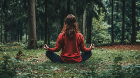 A woman practices mindfulness meditation outdoors in a serene natural environment, achieving balance and peace in a calming atmosphere.の素材