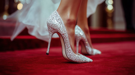 Close-up of luxury high heels stepping on the red carpet, highlighting style and elegance at a high-end event or wedding celebrationの素材
