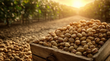 Harvested pistachios overflowing from a wooden box in a plantation, bathed in the golden light of sunset, highlighting natural organic abundanceの素材