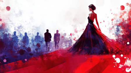 Elegantly walking the red carpet, a woman in a designer dress mingles with celebrities, radiating style and graceの素材