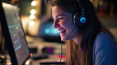 Girl hosts a podcast in a home studio setup, wearing headphones and using a microphone, excited to interview her guest.の素材
