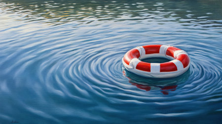 A red and white life preserver floats gently on calm, serene blue waters, symbolizing safety and tranquility in a peaceful aquatic scene.の素材