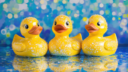 A trio of yellow rubber ducks, glistening with water droplets, set against a vibrant blue background, perfect for playful designs.の素材