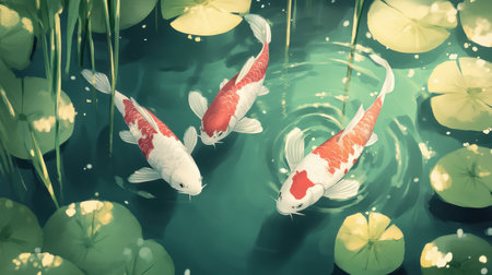 A group of red and white Japanese carp fish swimming in a peaceful pond under the summer sun, creating a tranquil aquatic scene.の素材