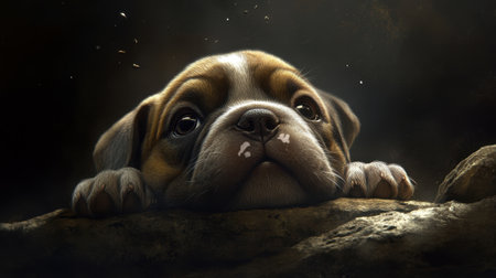 Resting in a comfortable space, a newborn bulldog puppy looks up with innocent eyes, melting heartsの素材