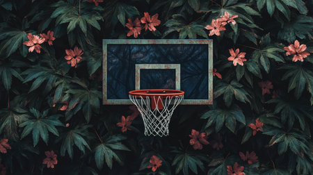 A basketball hoop surrounded by leaves and pink blossoms, blending nature and sports in a peaceful and creative outdoor scene.の素材
