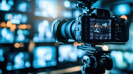 A video camera focuses on a digital display, recording an interview for a TV show in a bustling studio.の素材