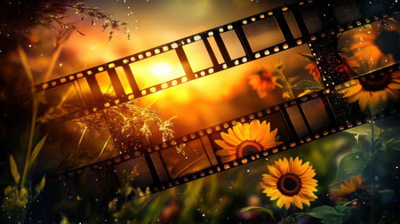 An artistic representation of a film strip with various nature scenes, highlighting sunflowers, dew drops, and sunsets, contrasted against a dark, glowing background.の素材