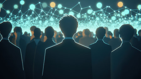 Glowing digital lines span across a diverse crowd, representing the invisible network of connections in the modern world.の素材