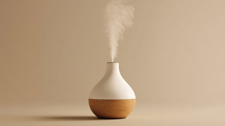 Minimalist essential oil diffuser in white and wood design, set against a neutral tan background, emphasizing simplicity and styleの素材