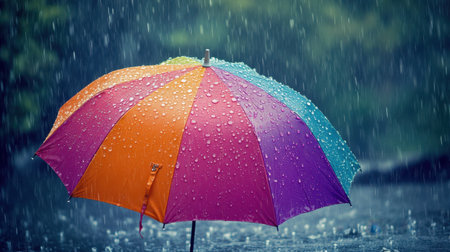 A vibrant umbrella is open, catching rain droplets as they cascade down. The background depicts a gloomy, rainy day with gray skies, creating a cozy atmosphereの素材