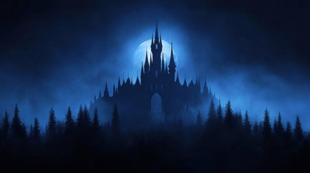 Captivating digital artwork of a gothic castle silhouette against a full moon, surrounded by fog and dark trees, creating a mystical and eerie atmosphere perfect for fantasy themes.の素材