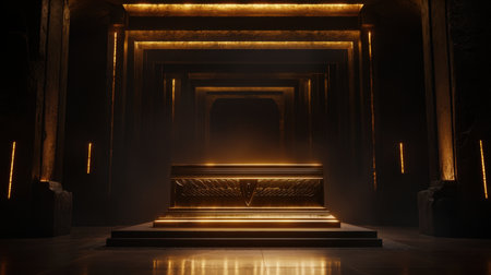 A stunning golden sarcophagus sits majestically in a grand stone corridor, illuminated by warm lights and surrounded by mist, evoking an immersive and captivating atmosphere.の素材