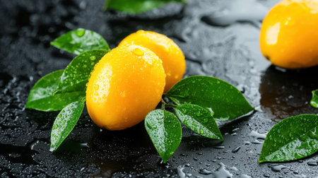 A close-up view of fresh yellow fruits complemented by green leaves, adorned with glistening water droplets, set against a sleek black surface. Perfect for food photography.の素材