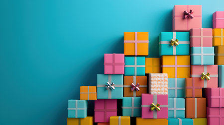A vibrant collection of gift boxes in various colors, sizes, and designs arranged against a bright blue background, perfect for celebrating special moments.の素材