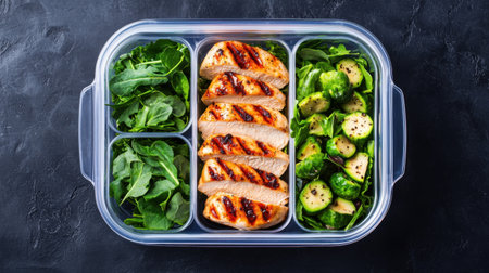 A visually appealing meal prep featuring grilled chicken, fresh greens, and roasted Brussels sprouts in a clear container, perfect for healthy eating on the go.の素材