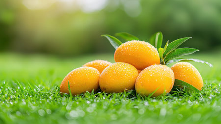 A beautiful arrangement of fresh mangoes with water droplets, resting on a lush green grass field, showcasing vibrant colors and a refreshing natural setting.の素材