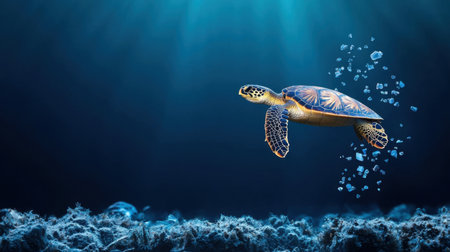 A stunning image of a sea turtle swimming through clear water, creating a serene atmosphere with floating bubbles and vibrant colors, showcasing marine beauty.の素材