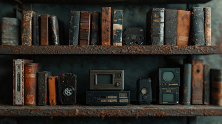 A captivating scene featuring vintage electronics and weathered books on rustic shelves, creating a nostalgic atmosphere that highlights the charm of classic technology and literature.の素材