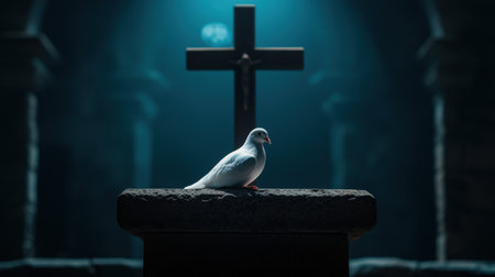 A serene white dove rests on a stone altar, illuminated by soft light in a shadowy church. The powerful symbol of peace contrasts with the dramatic architecture.の素材