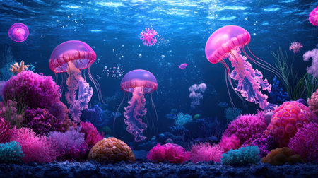 Discover the enchanting underwater world where vibrant jellyfish float gracefully among stunning coral formations, showcasing the beauty of marine life in serene surroundings.の素材