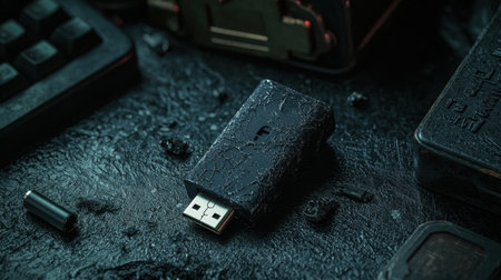 A close-up view of a rugged black USB drive placed on a textured dark surface, complemented by various tech accessories, adding depth and intrigue to the composition.の素材