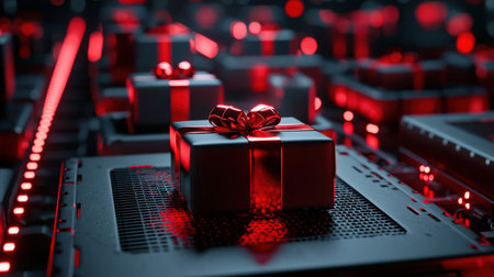 This striking image features elegant gift boxes with ribbons, set against a backdrop of intricate circuitry, embodying a fusion of technology and festive celebration.の素材