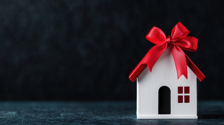A charming miniature house model beautifully adorned with a red ribbon bow, perfect for capturing the festive spirit in home decoration settings.の素材