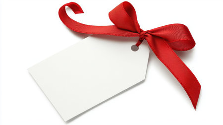 A blank white gift tag tied with a bright red ribbon, isolated on a white background, ready for custom labels or notesの素材