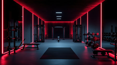 A sleek modern gym interior illuminated with vibrant neon red lighting, showcasing various workout equipment and an inviting atmosphere for fitness lovers.の素材