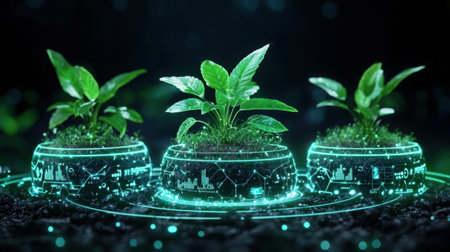 This visually striking image presents futuristic plants emerging from digitally enhanced pots, symbolizing the harmony between nature and technology in a sustainable environment.の素材