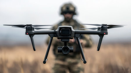 A soldier stands in a grassy field, controlling a drone, highlighting the integration of advanced technology in military operations for surveillance and strategic advantage.の素材
